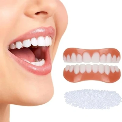 Image of Frenzify 2 Pairs False Teeth Clip in Veneers for Upper And Lower, Snap on Dentures Silicone Fake Top Bottom, White Tooth