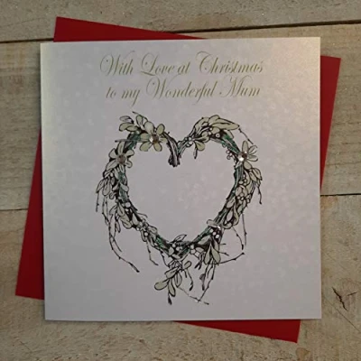 Image of WHITE COTTON CARDS With Love Wonderful Mum, Handmade Christmas Card, (Heart Wreath)