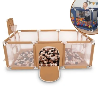 Image of Selonis Baby Playpen Big Size Playground with 100 Balls for Kids, Beige:Pastel Beige/Copper/White/Black