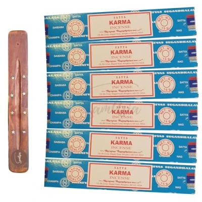Image of Satya Nag Champa Karma incense sticks x6 pack with SAMASIA holder Used for Aromatherapy, Spa, Yoga, Weddings, Meditation, Healing, Positivity and Relaxation