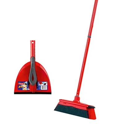 Image of Vileda DuActiva Broom with 3 Piece Handle and 2 in 1 Sweeping Set, Does Not Swirl Dust, Hand Brush &amp; Dustpan, Micro Foam, Eco Packaging, Medium, Red Black