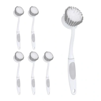 Image of Relaxdays Dish Set of 6, Medium Hard Bristles, Rubberised Handle, Plastic, Kitchen Brush for Hanging, White/Grey, 100%, 27 x 5 8 cm