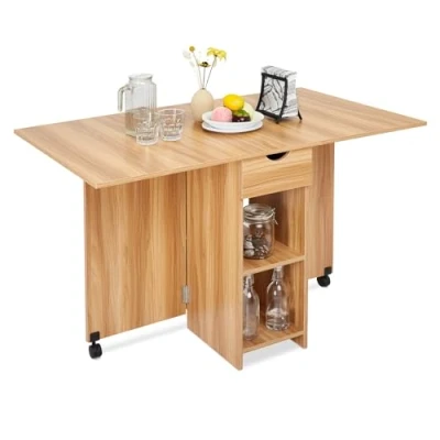 Image of Mondeer Mobile Folding Dining Table, Drop Leaf Table with 1 Drawer and 2 Open Storage Shelves for Small Space Room Kitchen, Red oak