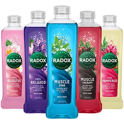 Image of Radox Mixed Pack Bath Soak of 10 x 500ml Bottles (3 Muscle Soak, 1 Therapy, 2 Feel Relaxed, Blissful, Pampered)