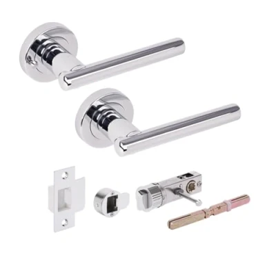 Image of HANDLEZONE® Solus Privacy Lever On Round Rose Door Handles, with Bullet Latch, for Bathroom, Toilet, WC Doors, 1 Set Polished Chrome