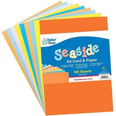 Image of Baker Ross FE176 Seaside A4 Paper &amp; Card Pack of 100, Coloured Art Supplies for Kids Craft Making Activities,