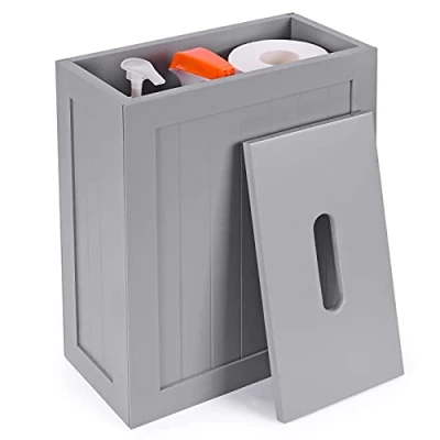 Image of Lantaly Slimline Multi Purpose Storage Unit, Toilet Roll Paper Cabinet, Cleaning Compact Wooden Shaker Bathroom Tidy Box , Grey