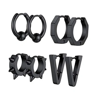 Image of GoldChic Jewelry Black Hoop Earrings Multipack For Men, Hexgon Cartilage Tragus Huggie Ear Studs Hip Hop Jewellery