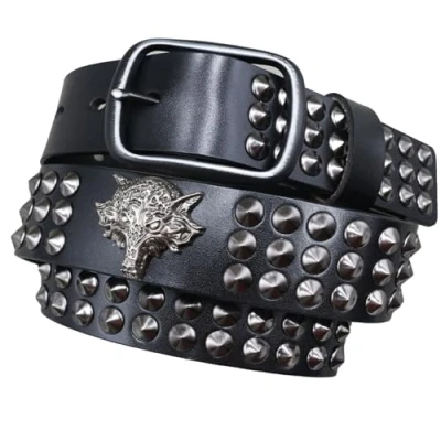Image of Men&#039;s Women Wolf Studded Casual Genuine Leather Belt for Biker Punk Rock Gothic with Buckle 38mm Wide,Black,115cm(38&quot; 40&quot;)