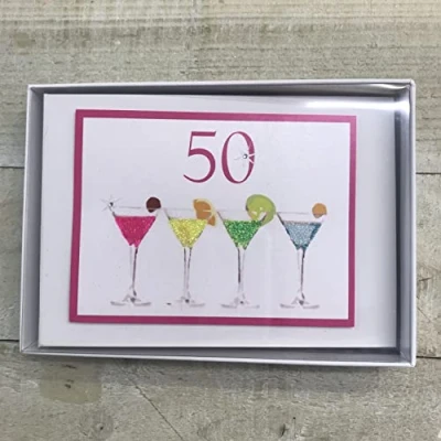 Image of 50TH Birthday. Special Occasion. Tiny Photo Album. NEON Cocktail Glasses Design. Hand Finished by WHITE COTTON CARDS (NC50T)
