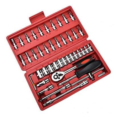 Image of 46 Piece Socket Spanner Set 1/4 Inch Classic Reversible Ratchet, Bit Socket, Extensions, Hexagonal etc. in Sturdy Plastic Case