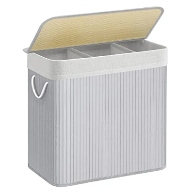Image of SONGMICS Laundry Hamper Basket with 3 Sections, Clip on Lid and Handles, 150L Foldable, for Room, Bedroom, Bathroom, Grey LCB091G01