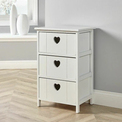 Image of Home Source Bedside Chest of Drawers, Wooden Storage Unit Bedroom Organiser, Love Heart Design, 3 Drawer, White