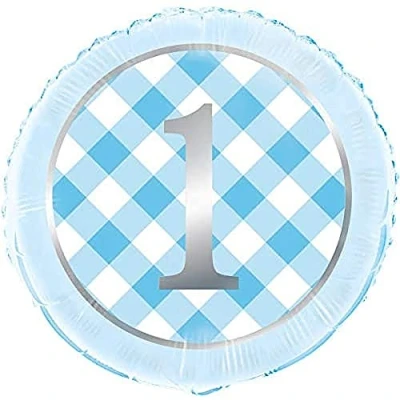 Image of Unique 74947 Blue 1st Birthday Gingham Round Foil Balloon 1 Pc
