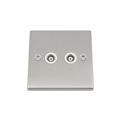 Image of TV Coaxial Aerial Socket Double 2 Gang Satin Matt Chrome Square White Insert