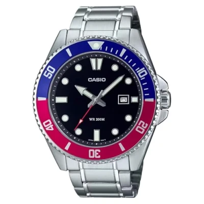 Image of Casio MDV107D 1A3V Men&#039;s Stainless Steel 200M Red/Blue Bezel Black Dial 3 Hand Anlog Dive Watch, Black, Sports