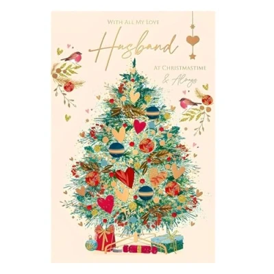 Image of Husband Christmas Card Love Heart Tree and Robins Artistic Design Special Finishes Made in the UK Eco Friendly