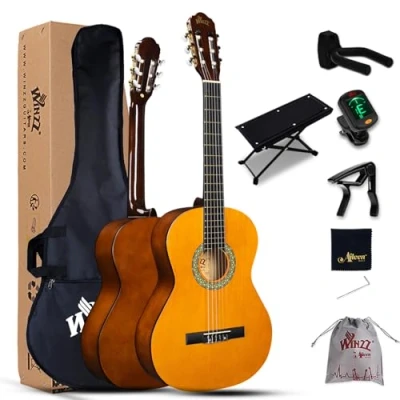 Image of Winzz 4/4 Full Size Classical Guitar for Adults Teenager Students Beginners with Nylon String (39 Inches, Yellow Glossy)