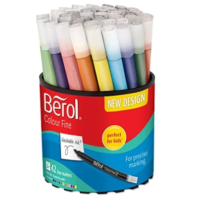 Image of Berol Felt Tip Colouring Pens Fine Point (0.6mm) Assorted Colours with Washable Ink Tub of 42 Markers
