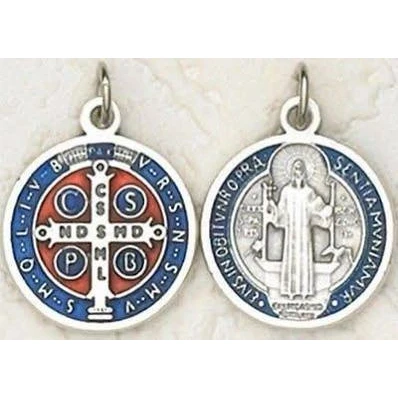 Image of Saint Benedict Medal 2 cm diameter. Round St. Medal. Blue and Red St Pendant. Cross. Crucifix.