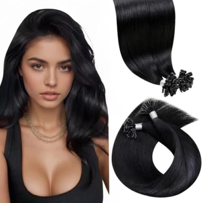 Image of LaaVoo U Tip Hair Extensions Real Human Black 22 Inch 50g 50 Strands Remy Straight Nail Keratin #1