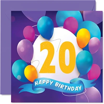Image of 20th Birthday Card for Men Women Balloon Party Happy Cards 20 Year Old Man Woman Brother Sister Son Daughter Grandson Granddaughter Cousin, 145mm x Bday Greeting Gift