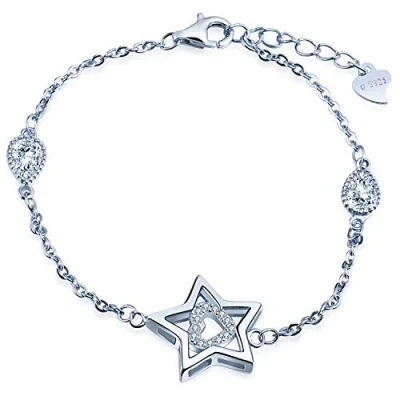 Image of Infinite U Girl&#039;s 925 Sterling Silver Cubic Zirconia Hollow Star Heart Charm Adjustable Bracelet,