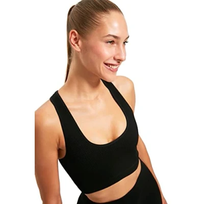 Image of Trendyol Women&#039;s Sportswear Slim fit Scoop Neck Woven Sports Bra Crop Knit, Black, XS