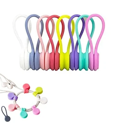 Image of BOBOZHONG Magnetic Cable Clips, 8 Pack Reusable Strong Magnet Silicone Twist Ties Multi Color Cord Earbuds Winder Headphone Organisers USB Straps Wire Holder Home Office School
