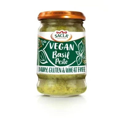 Image of Sacla Italian Vegan Basil Pesto Perfect with Pasta, Pizza, Garlic Bread and Tagliatelli Made Fresh Leaves, Pine Nuts Olive Oil 190g (Pack of 1)