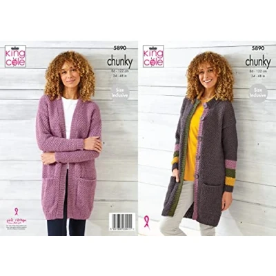 Image of King Cole Ladies Chunky Knitting Pattern Round or V Neck Cardigan &amp; Coat (5890), Multi, 34&#039;&#039; 48&#039;&#039;