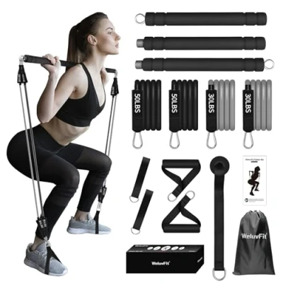 Image of WeluvFit Pilates Bar Kit with Resistance Bands, Portable Exercise Fitness Equipment for Women &amp; Men, Home Gym Workout 3 Section Stick Squat Yoga Full Body Shaping