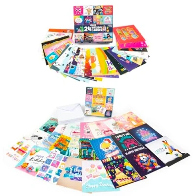 Image of abeec 48 Pcs Kids Birthday Cards Multipack Assorted with Envelopes &amp; Stickers 24 for Boys Girls, Unique Designs