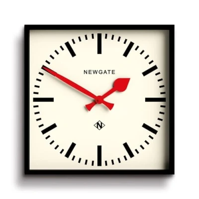Image of NEWGATE® Number Five Railway Wall Clock Square Kitchen Office Retro Designer Station Marker Dial (Red Hands)
