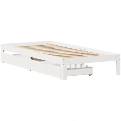 Image of vidaXL Small Single Bed Frame with Drawers White Pine Wood Storage, 75x190 cm