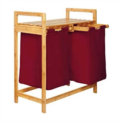 Image of Lumaland Bamboo laundry Basket with 2 extendable bags Size approx. 73 cm height x 64 width 33 depth, Colour: Dark Red
