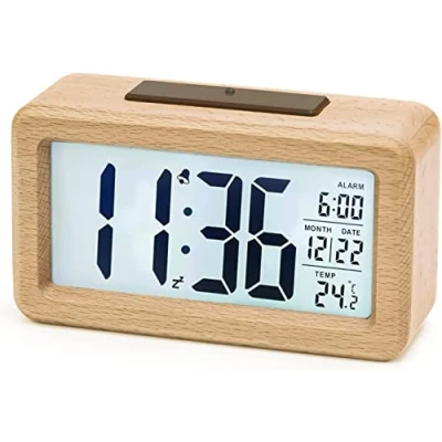 Image of aboveClock Digital Alarm Clock, Wooden Bedside Clock with Large LCD Backlit Display, Temperature, Snooze Function, Brightness Sensor, 3 AAA Battery Operated【Battery NOT Included】