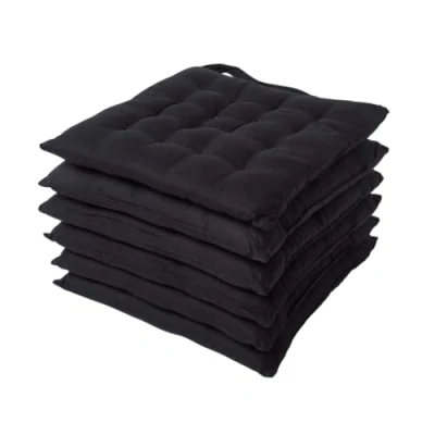 Image of HOMESCAPES Black Seat Pads for Dining Chair, Set of 6 100% Cotton Chair with Straps, 40x40 cm