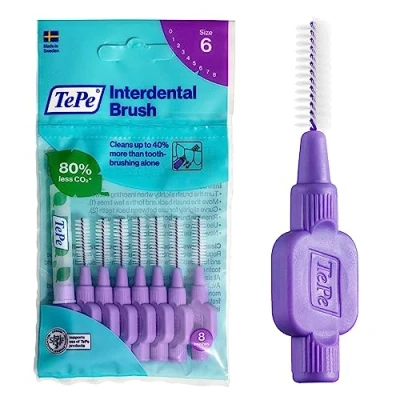Image of TePe Interdental Brush, Original, Purple, 1.1mm/ISO 6, 8pcs, plaque removal, effective cleaning between teeth, dental flosser for large gaps