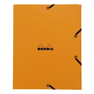 Image of RHODIA 19248C Elastic File Folder Cardboard Pocket with 3 Orange Flaps 19x24 cm Resistant Coated Card Office Storage and Document Filing A5 Format