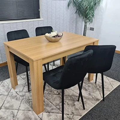 Image of KOSY KOALA Dining Table Set Of 4 Wooden Oak And Tufted Velvet Black Chairs (140X80X75)