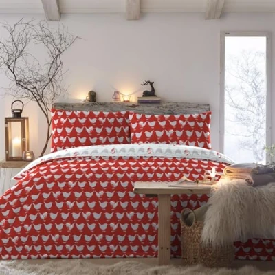 Image of Fusion Christmas Red Robin Duvet Cover King Bedding Size (230 x 220cm) Reversible (2 Colours) 2x Pillowcases Included Bird in &amp; White