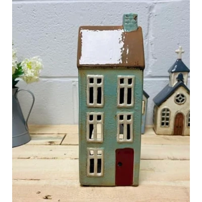 Image of Cottage Ceramic House Village Tealight Candle Holder Home Pottery Ornament (Light Blue Town (28cm))