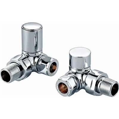 Image of Round Corner Angled Chrome Valve Set Heated Towel Rail/Radiator Block Valves (Twin Pack) with Metal Handles Finish