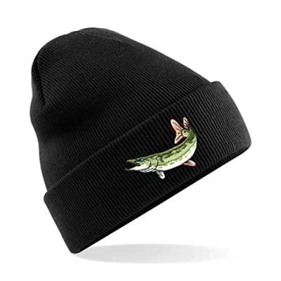 Image of HiViz Kings Pike Fishing Beanie Hat Embroidered Logo Pristine Finish Beenie (Black)