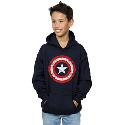 Image of Marvel Boys Captain America Distressed Shield Hoodie Navy Blue 12 13 Years