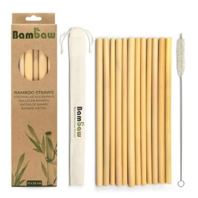Image of Bambaw Reusable Bamboo Drinking Straws, Straw, Strong &amp; Durabl, Cocktail Biodegradable Eco Friendly BPA Free, Dishwasher Safe, Pack of 12 Straws 22 cm