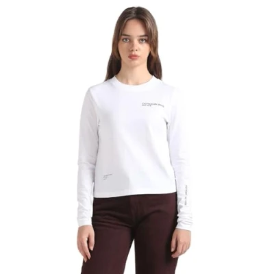 Image of Calvin Klein Jeans Women&#039;s Multi Placement Long Sleeve TEE J20J222644 L/S T Shirts, Bright White, XS