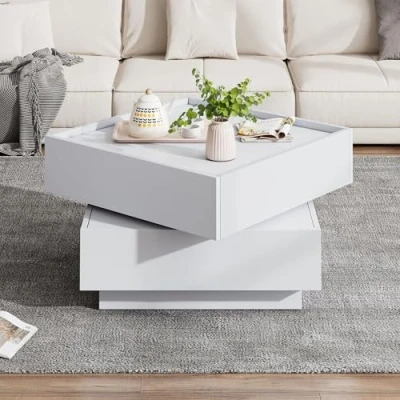 Image of ModernLuxe Coffee Table with 2 Drawers Square 360 Rotating, Modern Tier Center Swivel Tabletop, Oak Frame Tea for Living Room, Stylish and Functional Design White