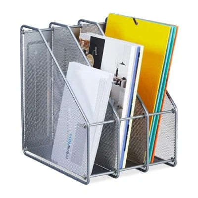 Image of Relaxdays Magazine File, A4, 3 Compartments, Mesh Design, 31.5 x 24 29 cm, Office Tidy, Document Holder, Metal, Silver, Steel